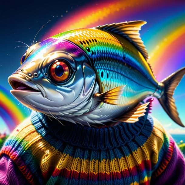 Drawing of a sardines in a sweater on the rainbow