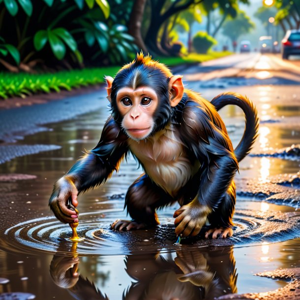 Photo of a playing of a monkey in the puddle