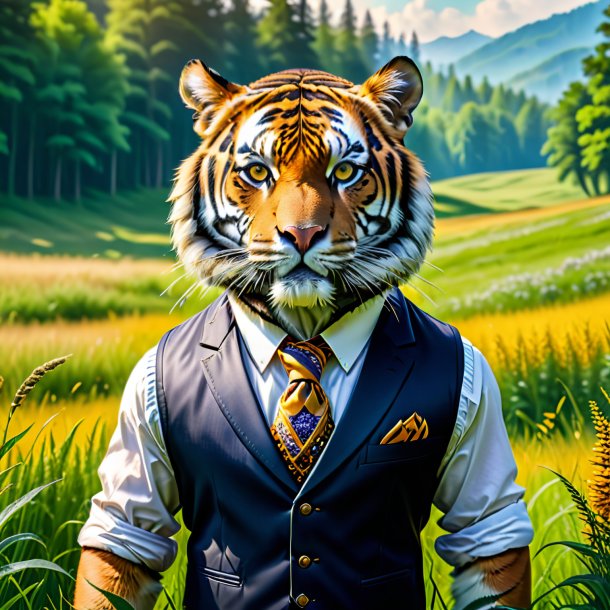 Image of a tiger in a vest in the meadow