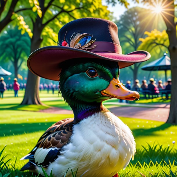 Pic d'un canard dans un chapeau dans le parc