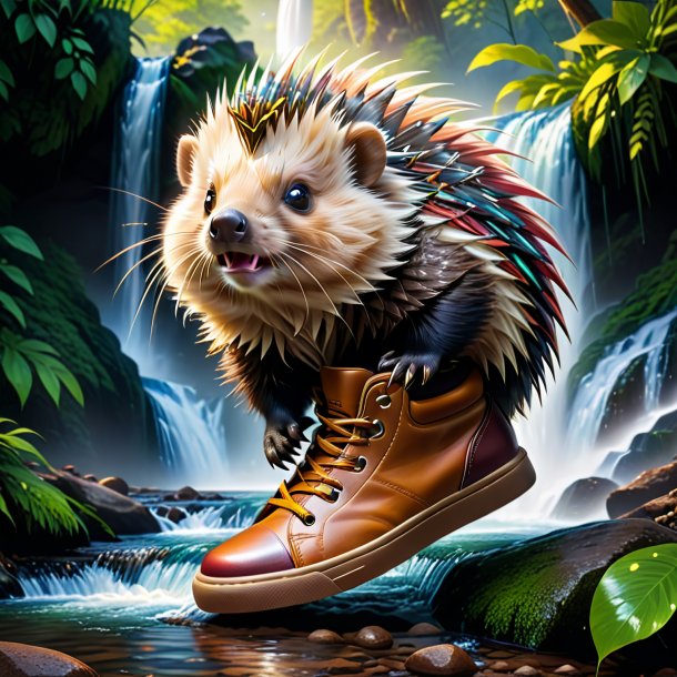 Image of a porcupine in a shoes in the waterfall