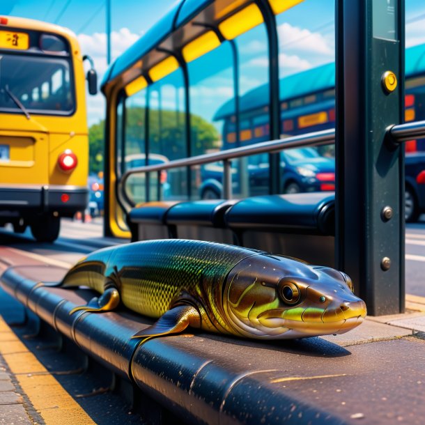 Imagem de uma enguia em um cinto no ponto de ônibus