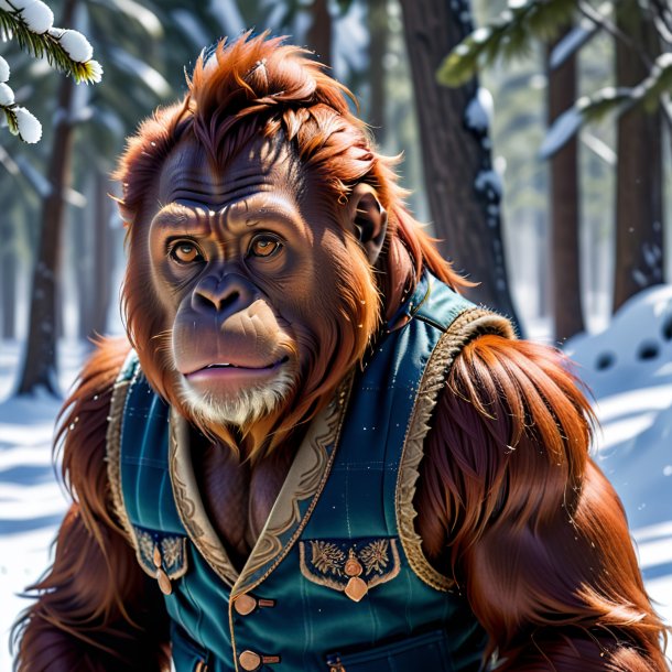 Pic of a orangutan in a vest in the snow