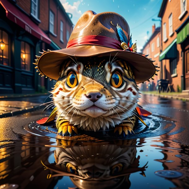 Picture of a pike in a hat in the puddle