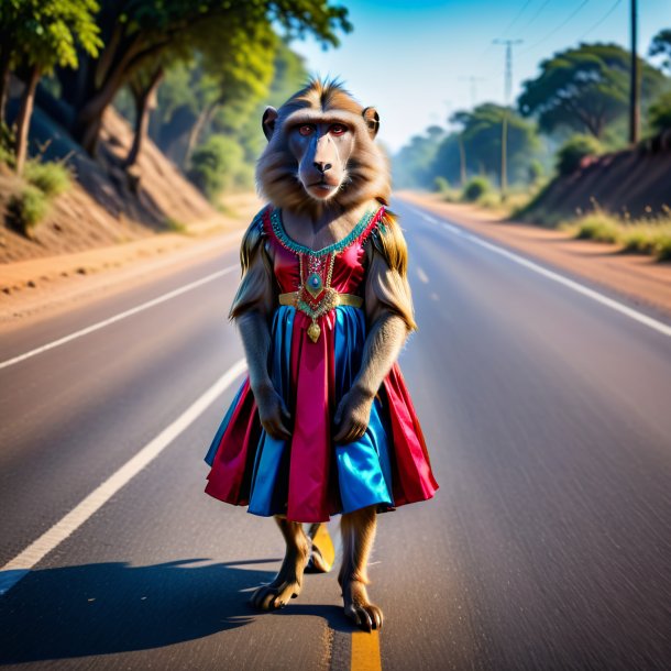 Foto de um babuíno em um vestido na estrada