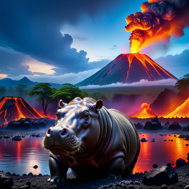 Image of a waiting of a hippopotamus in the volcano