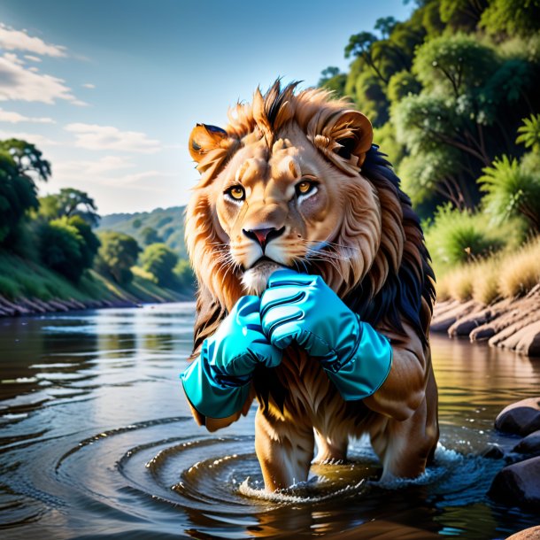 Image of a lion in a gloves in the river