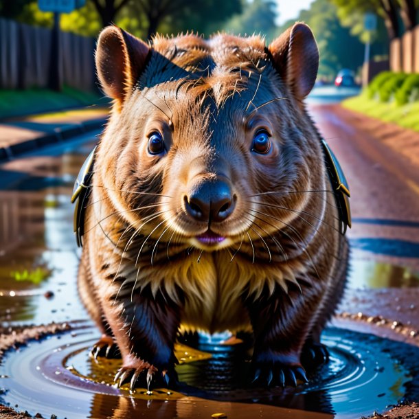 Photo of a wombat in a belt in the puddle