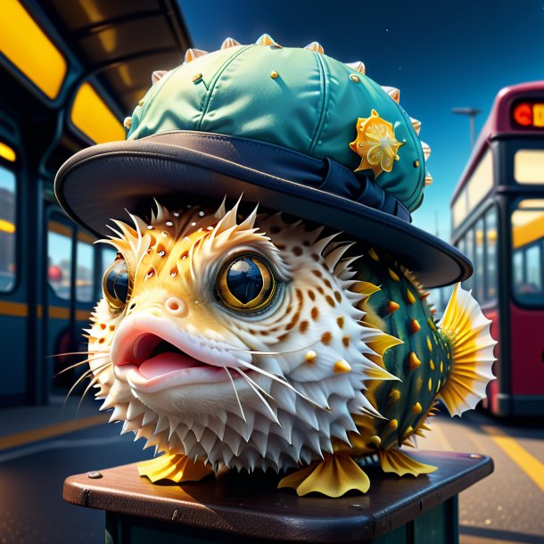 Illustration of a pufferfish in a hat on the bus stop