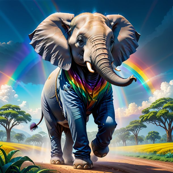 Illustration of a elephant in a jeans on the rainbow