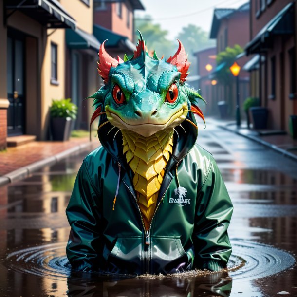 Picture of a basilisk in a hoodie in the puddle