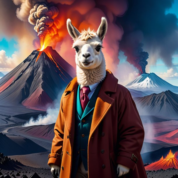 Illustration of a llama in a coat in the volcano