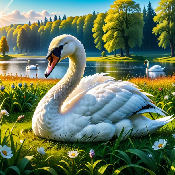 Image of a eating of a swan in the meadow