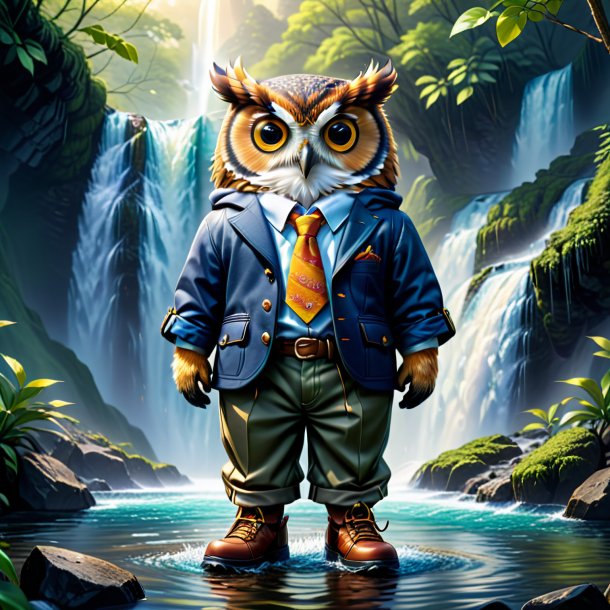 Illustration of a owl in a trousers in the waterfall