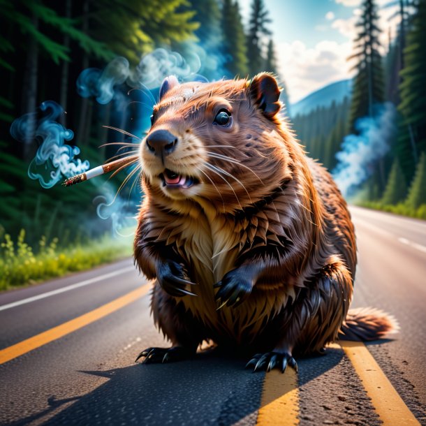 Picture of a smoking of a beaver on the road