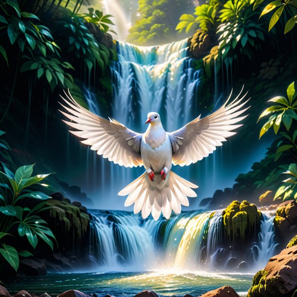 Picture of a dove in a vest in the waterfall