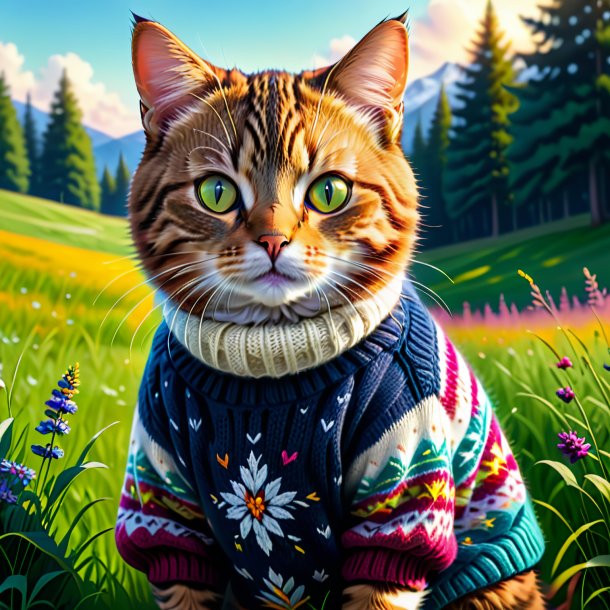 Dessin d'un chat dans un pull dans la prairie