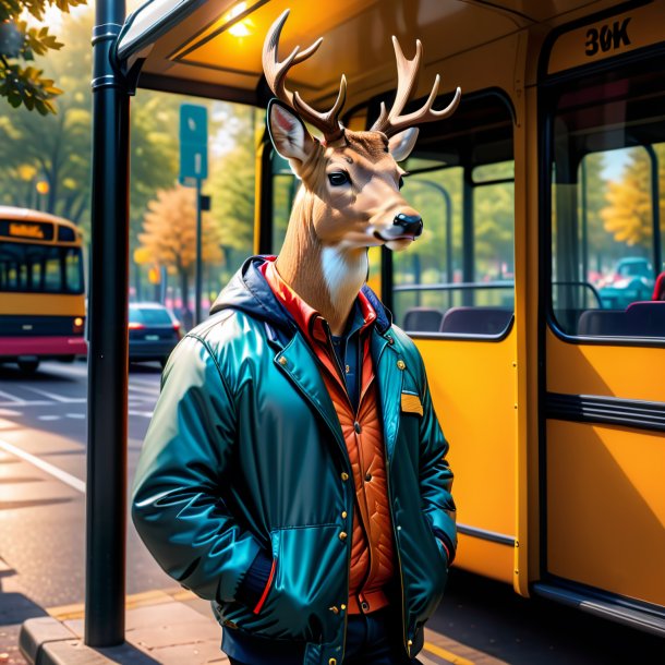 Retrato de um veado em uma jaqueta no ponto de ônibus