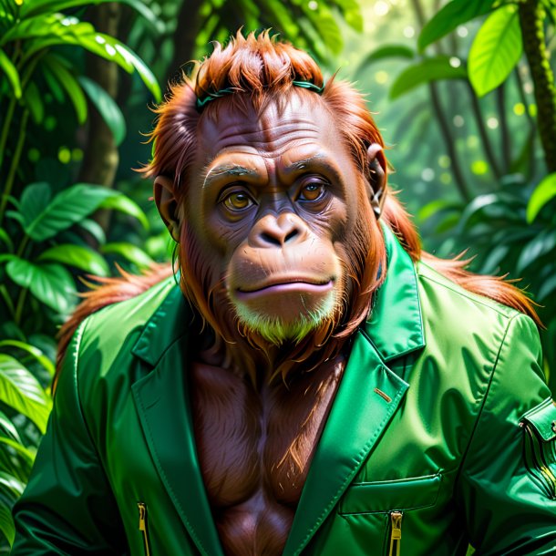 Image of a orangutan in a green jacket