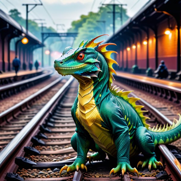 Pic of a basilisk in a coat on the railway tracks