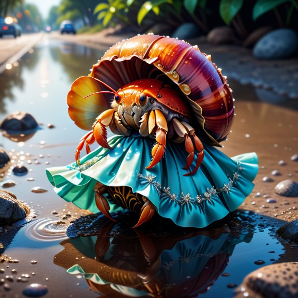 Illustration of a hermit crab in a dress in the puddle