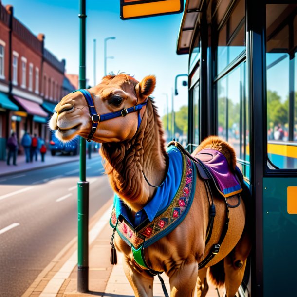 Pic of a camel in a vest on the bus stop