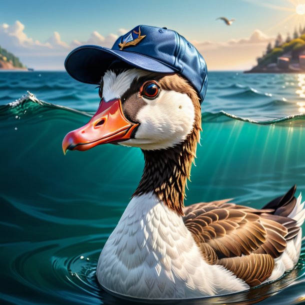 Drawing of a goose in a cap in the sea