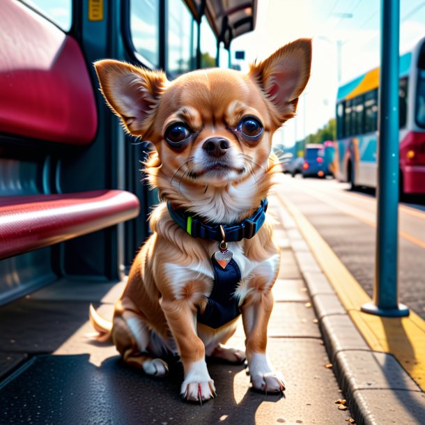 Foto de um chihuahua em um sapatos no ponto de ônibus