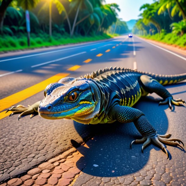 Foto de un juego de un lagarto monitor en el camino