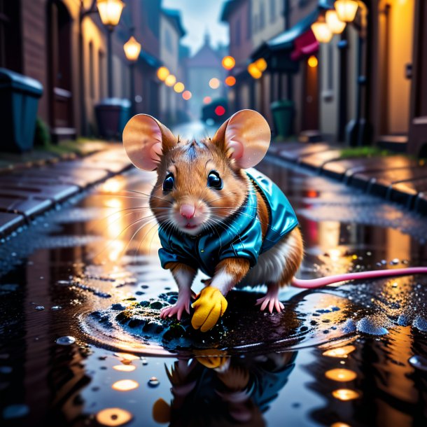 Photo of a mouse in a gloves in the puddle