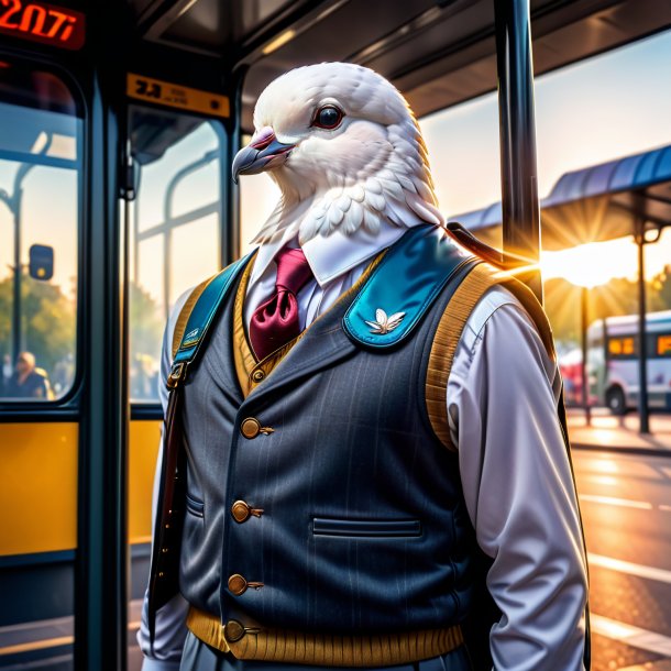 Imagem de uma pomba em um colete no ponto de ônibus