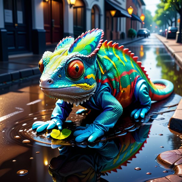 Illustration of a chameleon in a gloves in the puddle