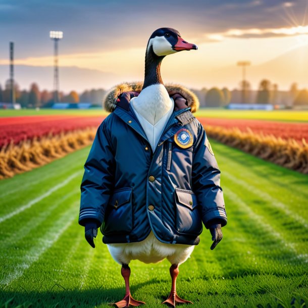 Foto de un ganso en una chaqueta en el campo