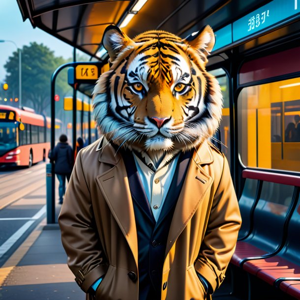 Foto de um tigre em um casaco no ponto de ônibus