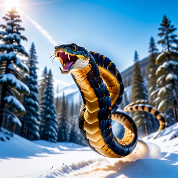 Pic of a jumping of a cobra in the snow