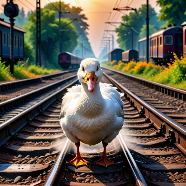 Picture of a crying of a goose on the railway tracks