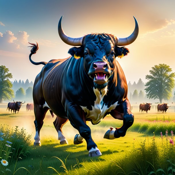 Picture of a dancing of a bull in the meadow