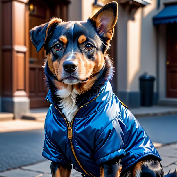 Imagem de um cão em uma jaqueta azul