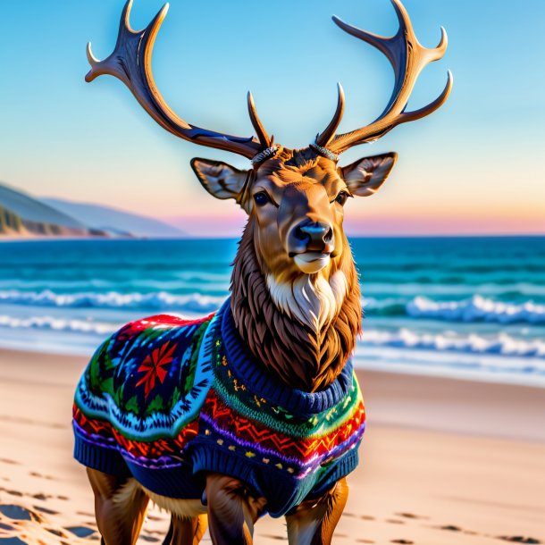 Pic d'un wapiti dans un pull sur la plage