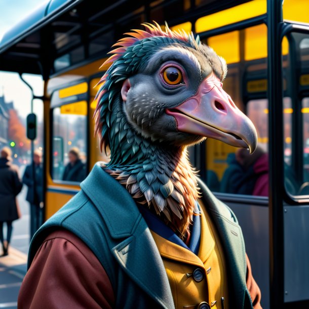 Pic d'un dodo dans un manteau sur l'arrêt de bus