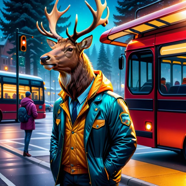 Illustration of a elk in a jacket on the bus stop