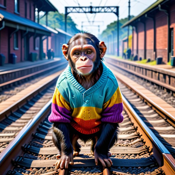 Foto de um chimpanzé em um suéter nos trilhos ferroviários