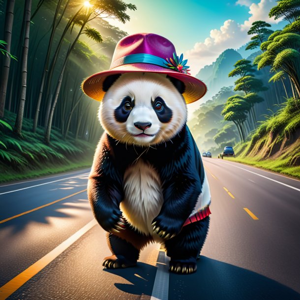 Drawing of a giant panda in a hat on the road