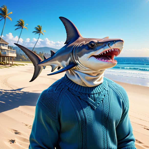 Picture of a hammerhead shark in a sweater on the beach