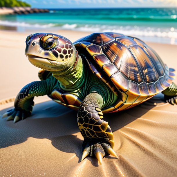 Image of a turtle in a belt on the beach