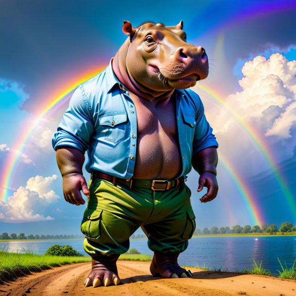 Pic d'un hippopotamus dans un pantalon sur l'arc-en-ciel