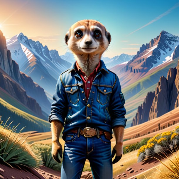 Illustration of a meerkat in a jeans in the mountains