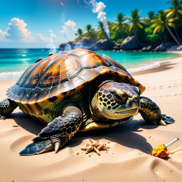 Image of a smoking of a turtle on the beach