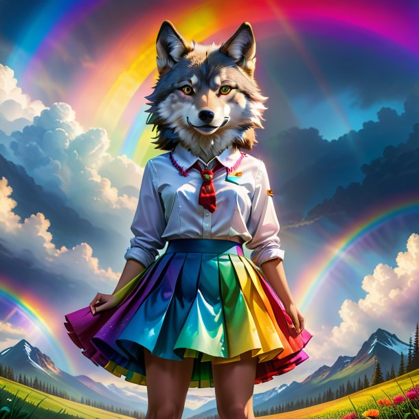 Illustration of a wolf in a skirt on the rainbow