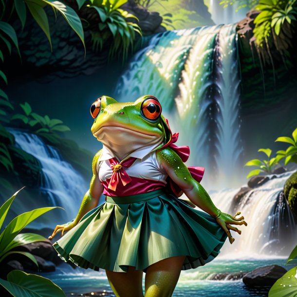 Picture of a frog in a skirt in the waterfall